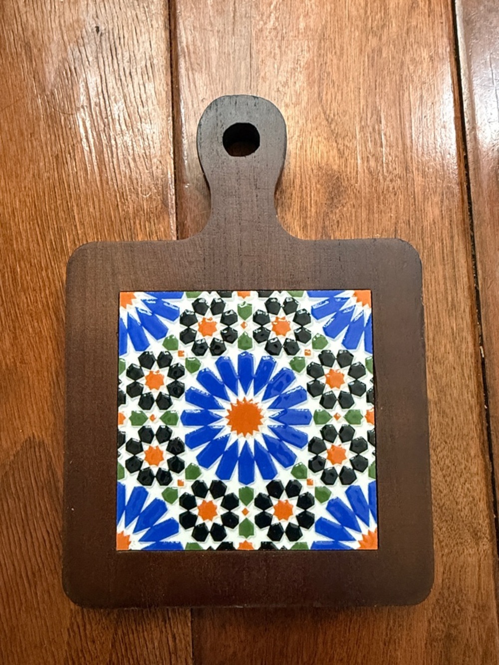 Decorative Wooden Trivet with Colorful Tile Inlay